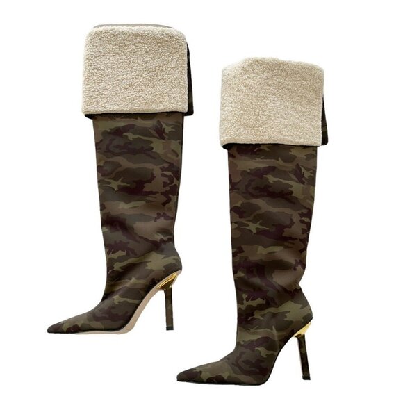 Good American Women Sz 7.5 Camouflage Sherpa Calf Thigh High Boots Sold Out NIB - Picture 3 of 11